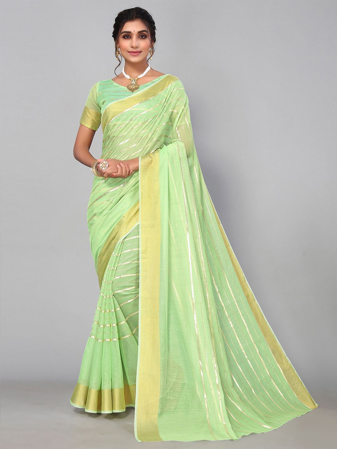 

KALINI Striped Zari Saree, Lime green