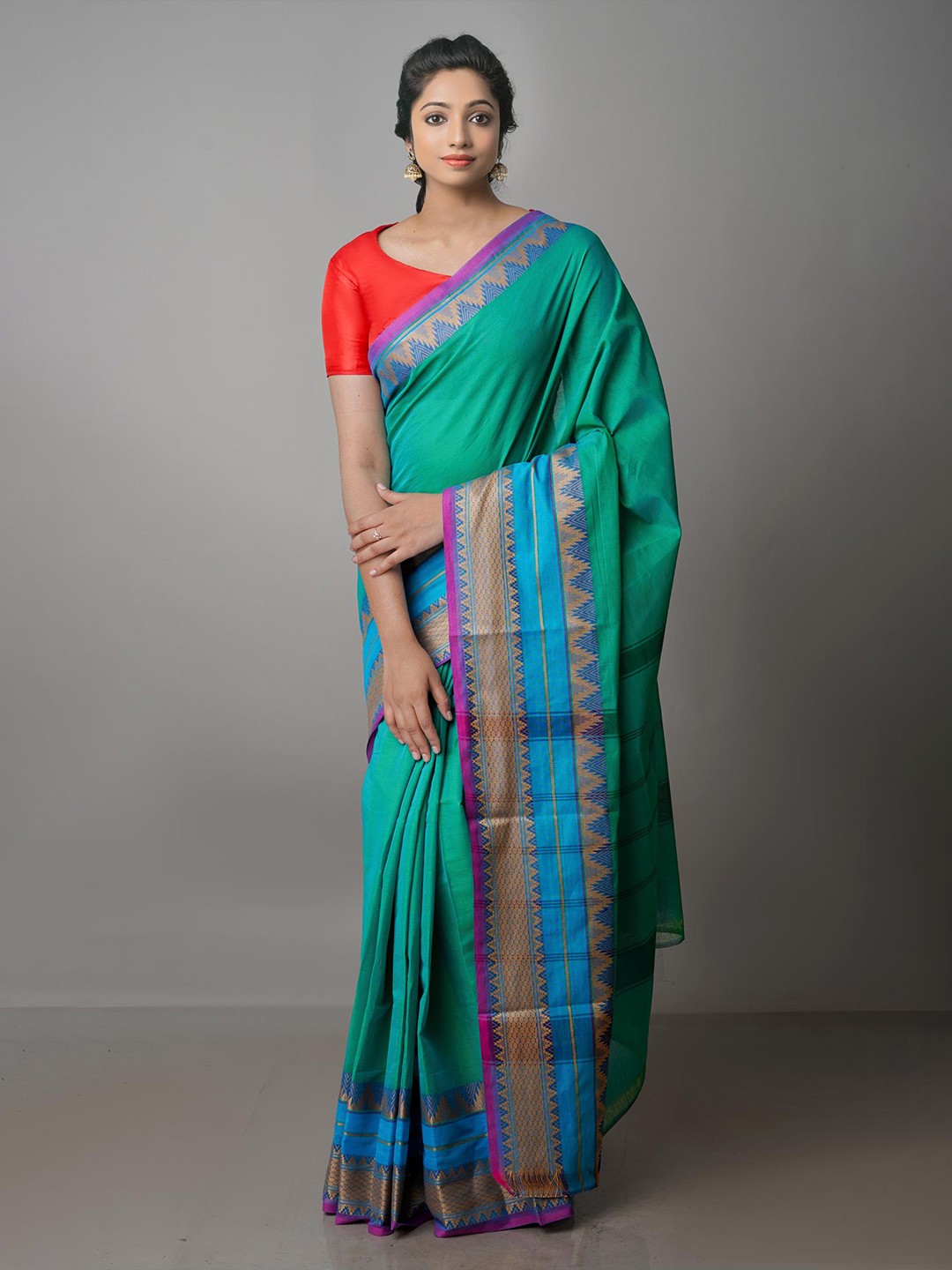 

Unnati Silks Ethnic Motifs Zari Pure Cotton Kanjeevaram Saree, Green