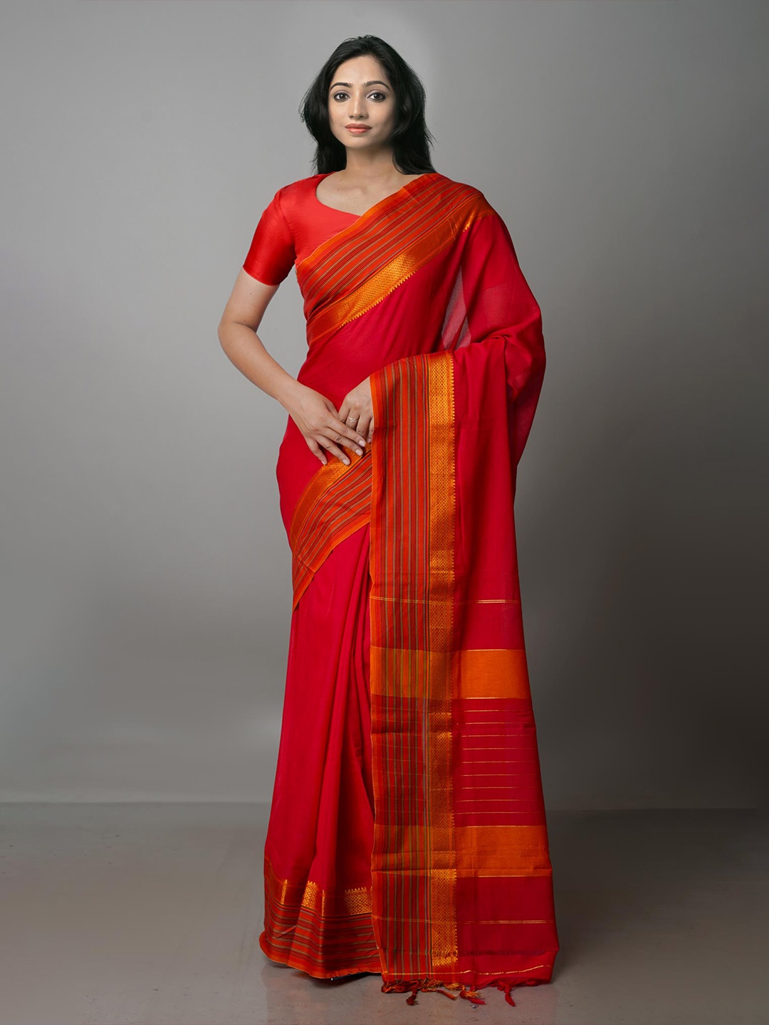 

Unnati Silks Zari Pure Cotton Narayan Peth Saree, Red