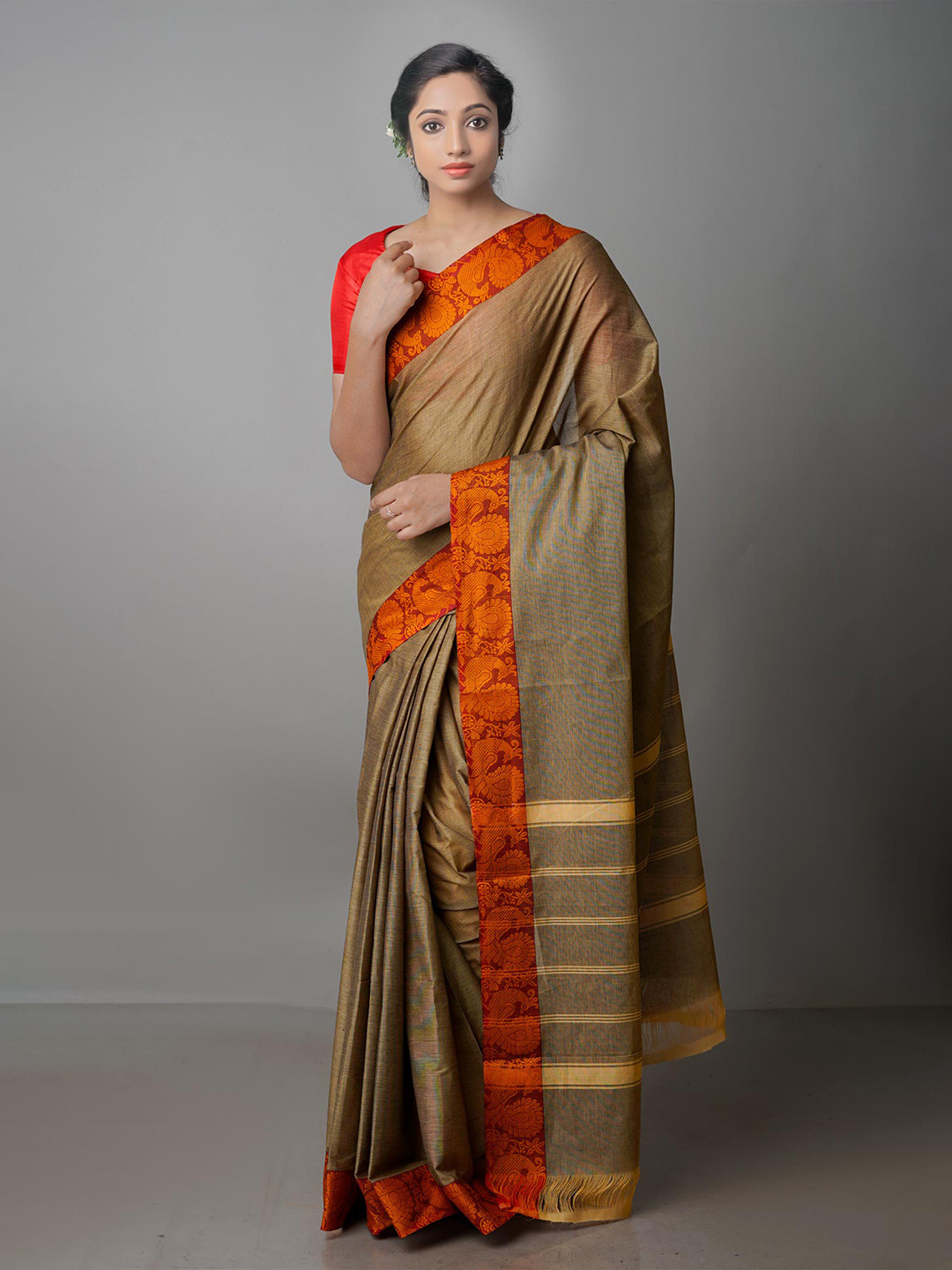 

Unnati Silks Zari Pure Cotton Kanjeevaram Saree, Brown