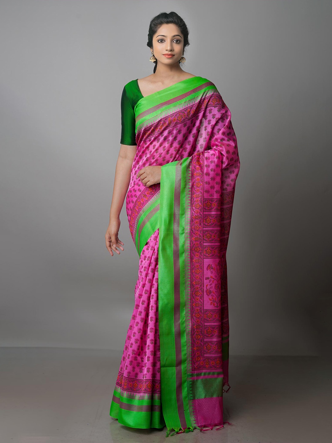 

Unnati Silks Printed Ethnic Motifs Chanderi Saree, Pink