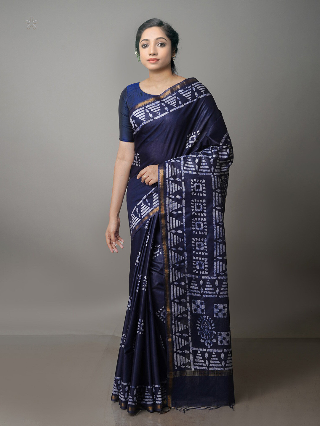 

Unnati Silks Batik Pure Silk Chanderi Saree, Navy blue