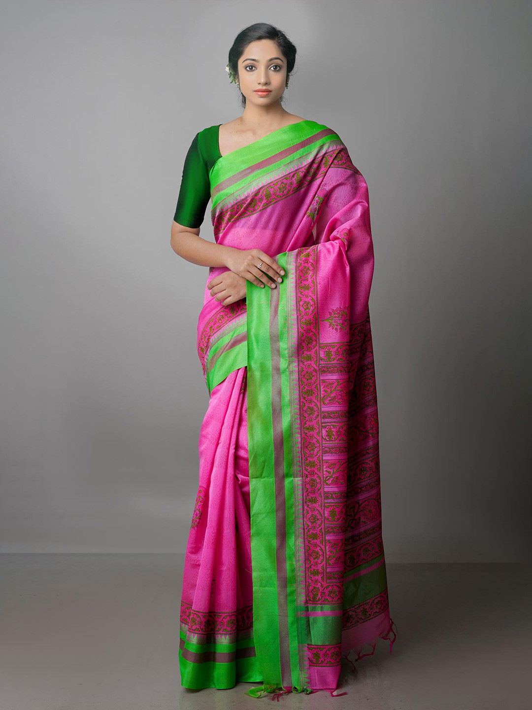 

Unnati Silks Floral Silk Cotton Chanderi Saree, Pink