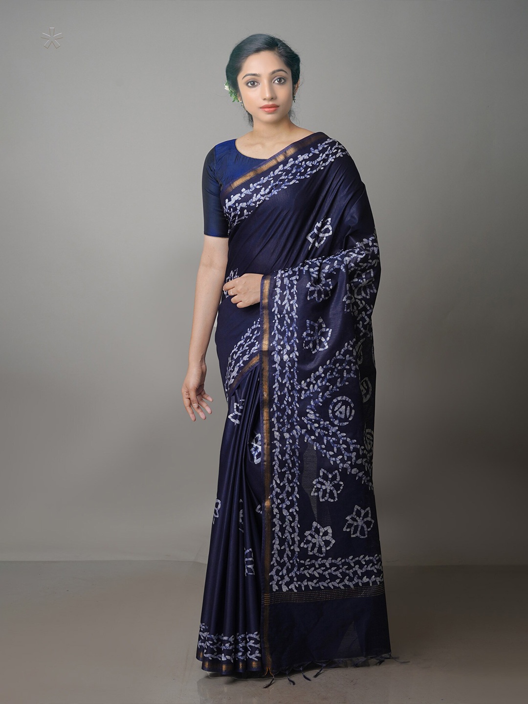 

Unnati Silks Batik Zari Pure Silk Chanderi Saree, Navy blue