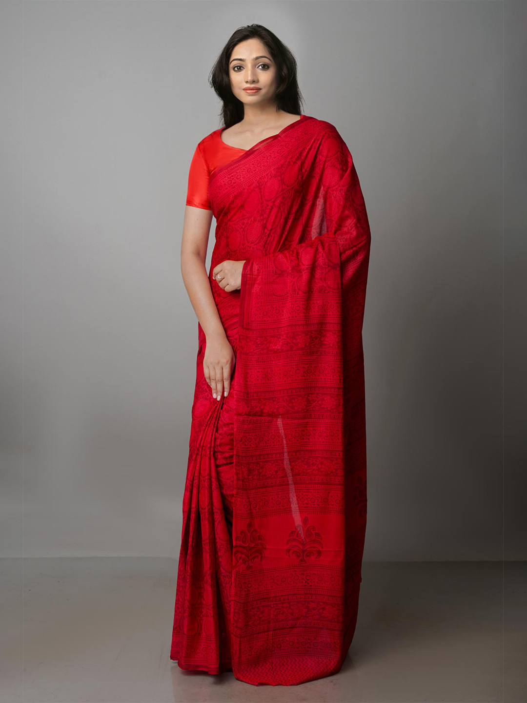 

Unnati Silks Ethnic Motifs Printed Pure Cotton Block Print Saree, Red