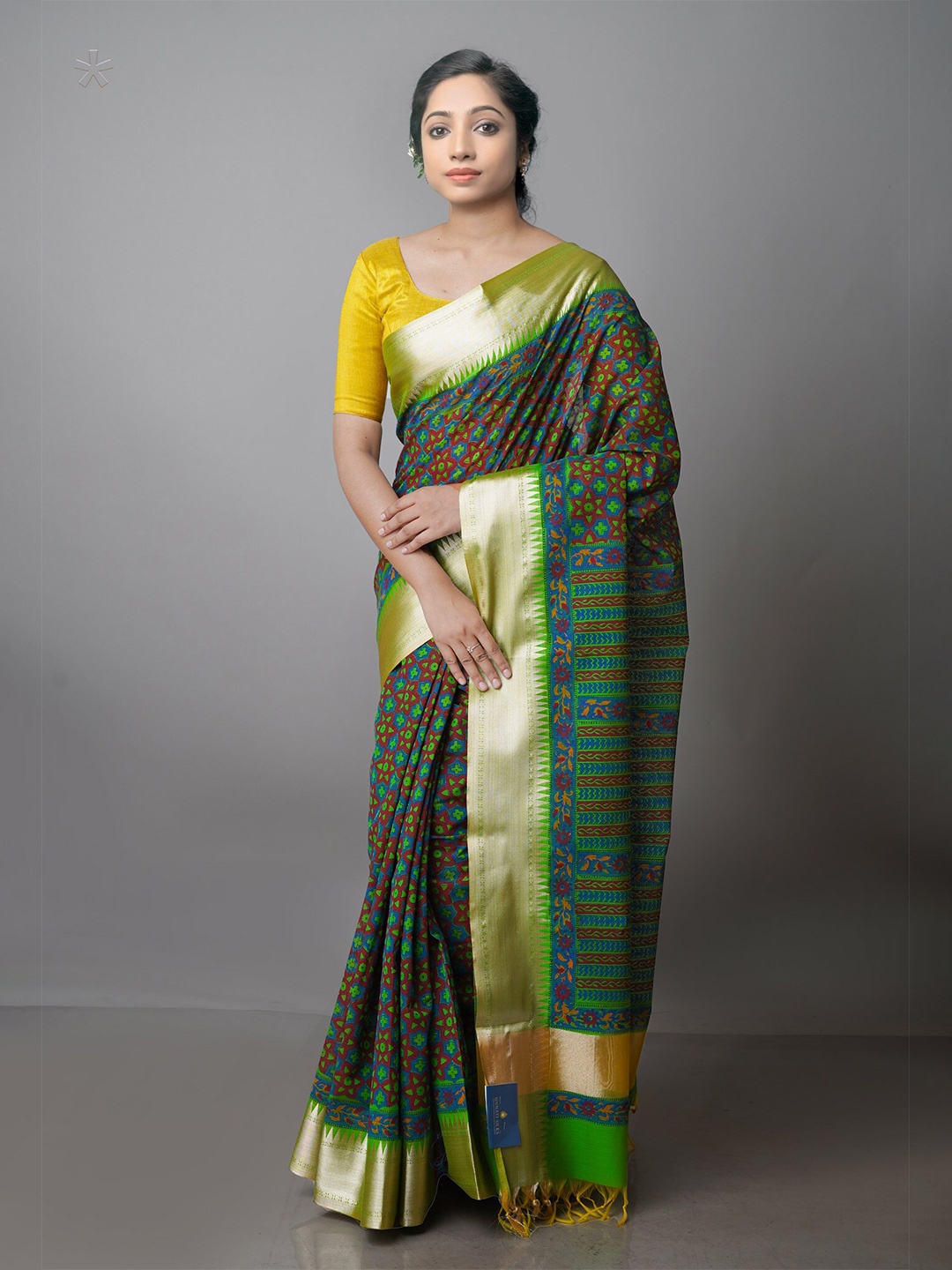 

Unnati Silks Ethnic Motifs Zari Silk Cotton Chanderi Saree, Green