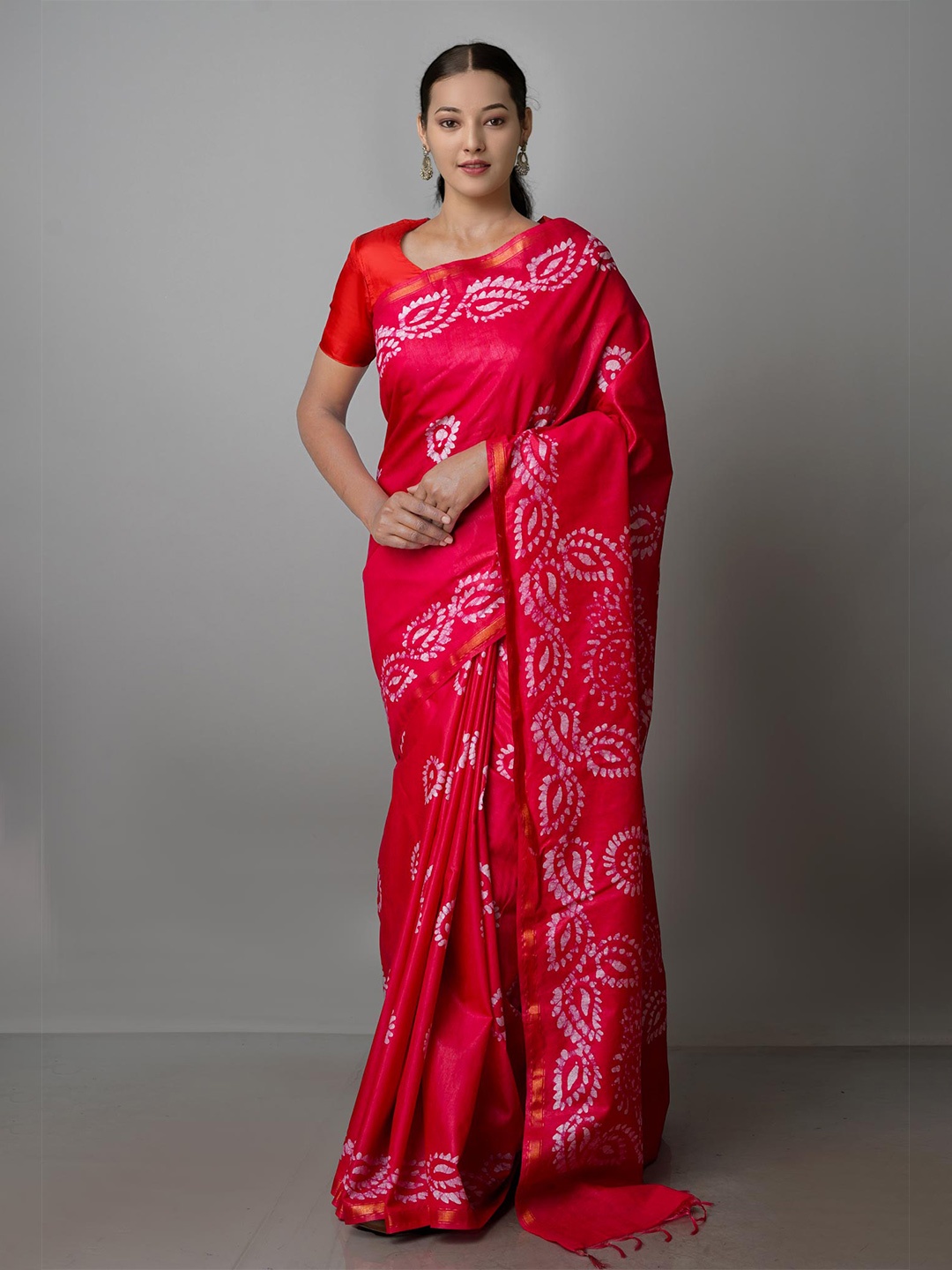 

Unnati Silks Batik Pure Silk Handloom Chanderi Saree, Red
