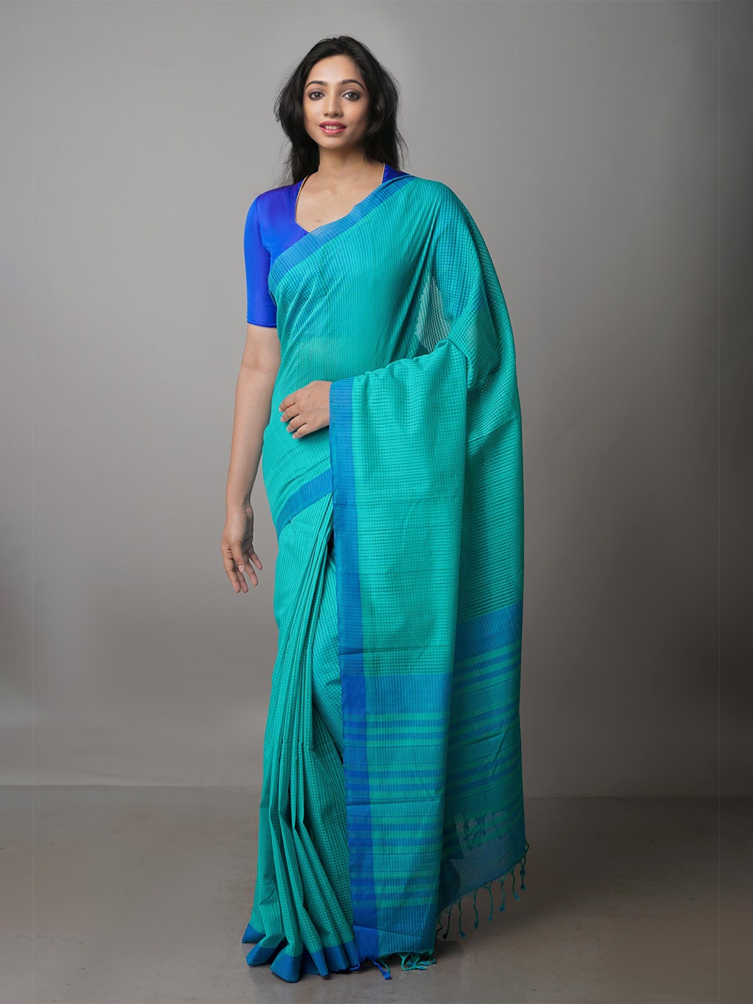 

Unnati Silks Checked Pure Cotton Handloom Mangalagiri Saree, Sea green