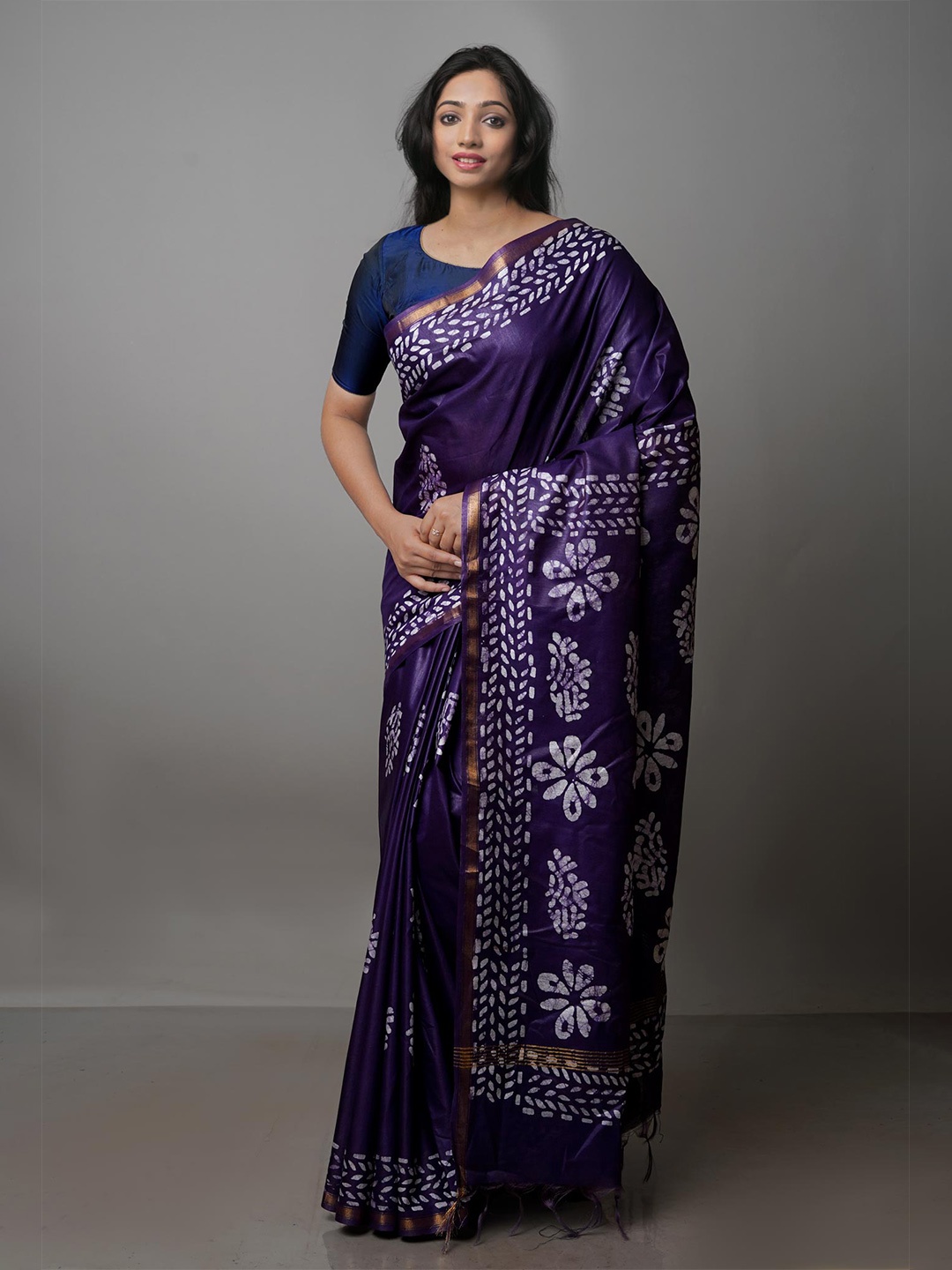 

Unnati Silks Batik Zari Bordered Handloom Pure Silk Chanderi Saree, Purple