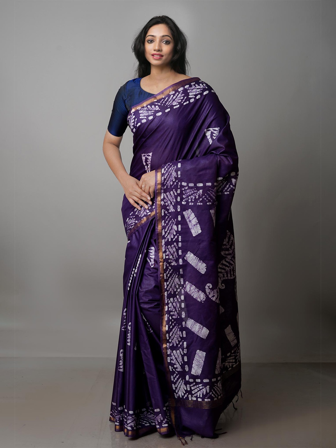 

Unnati Silks Batik Zari Bordered Handloom Pure Silk Chanderi Saree, Purple
