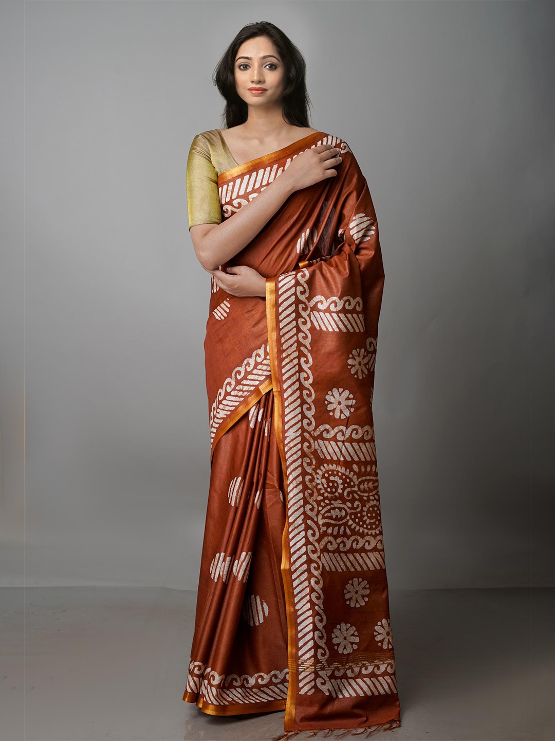 

Unnati Silks Batik Pure Silk Handloom Chanderi Saree, Brown