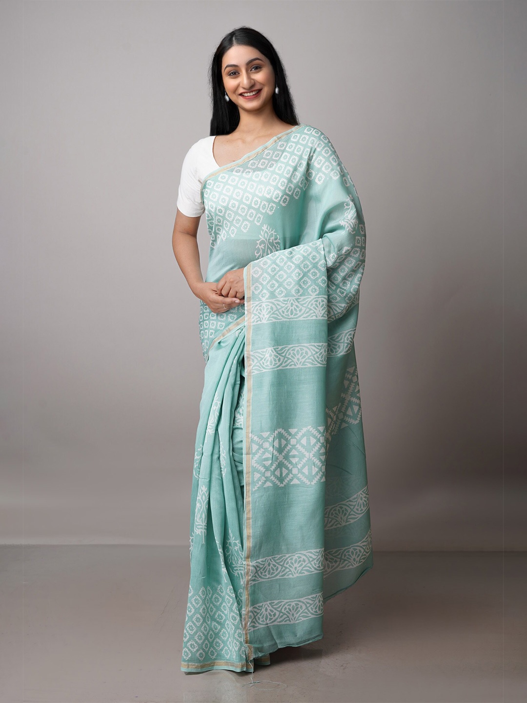 

Unnati Silks Floral Printed Handloom Chanderi Saree, Turquoise blue