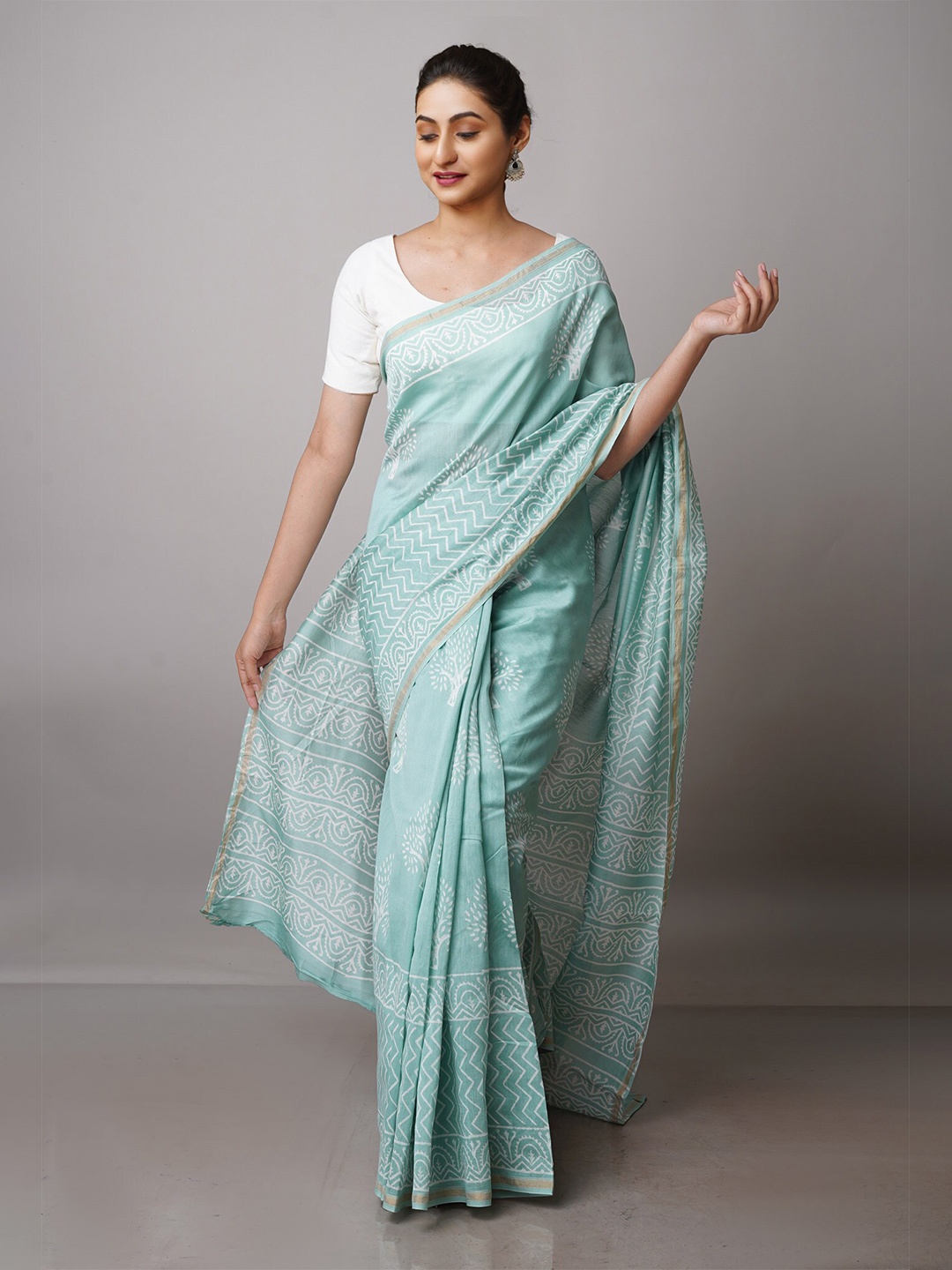 

Unnati Silks Printed Zari Handloom Chanderi Saree, Turquoise blue