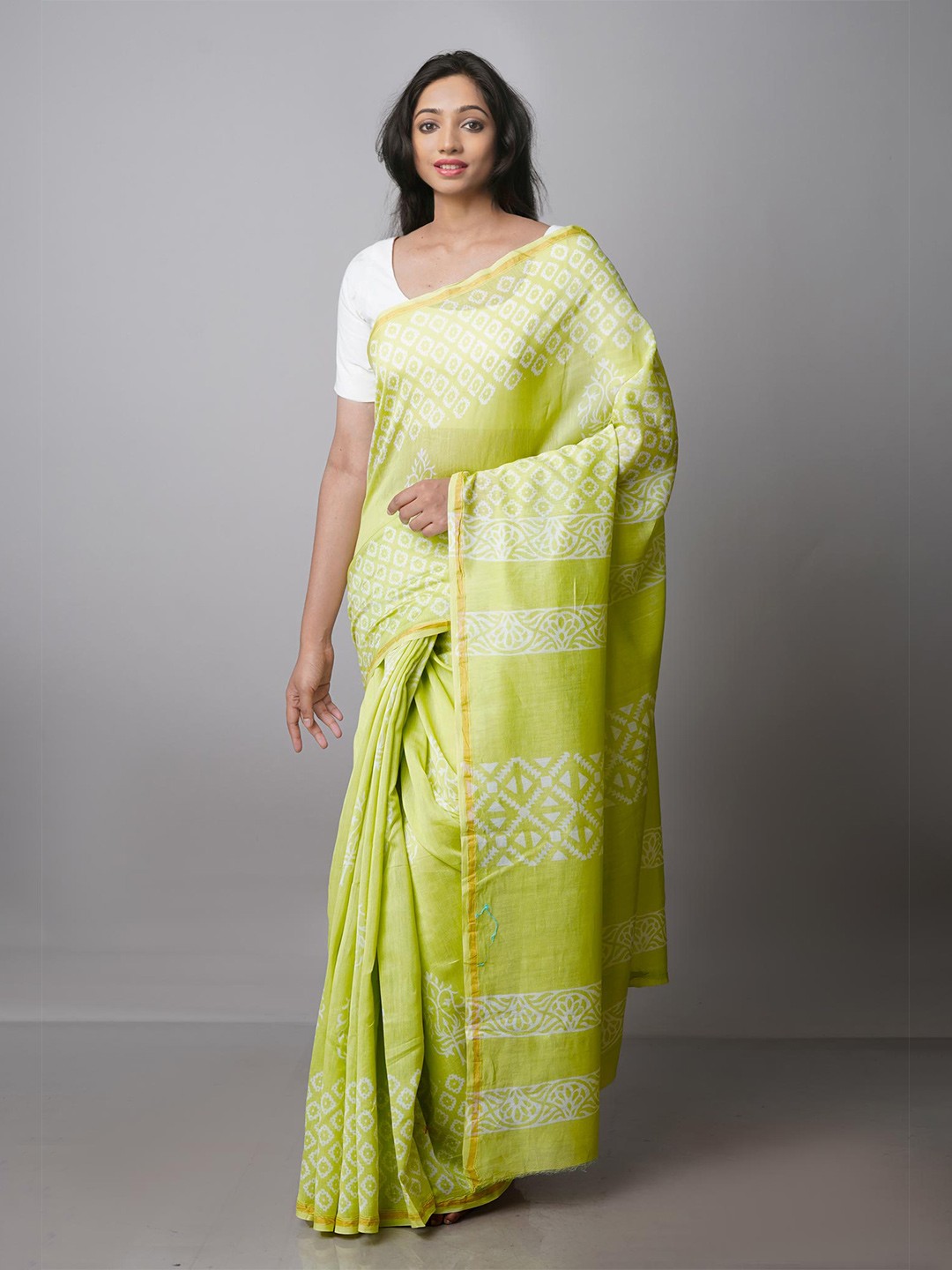 

Unnati Silks Ethnic Motifs Printed Zari Handloom Chanderi Saree, Lime green