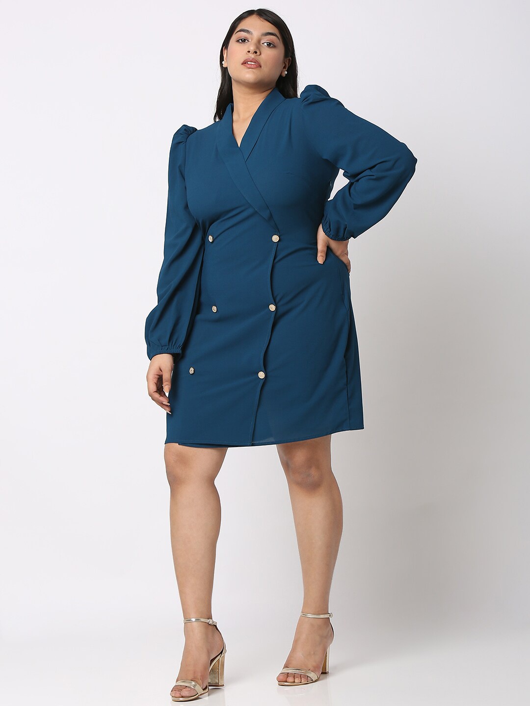 

Curves by MISH Plus Size Puff Sleeves Shirt Dress, Teal