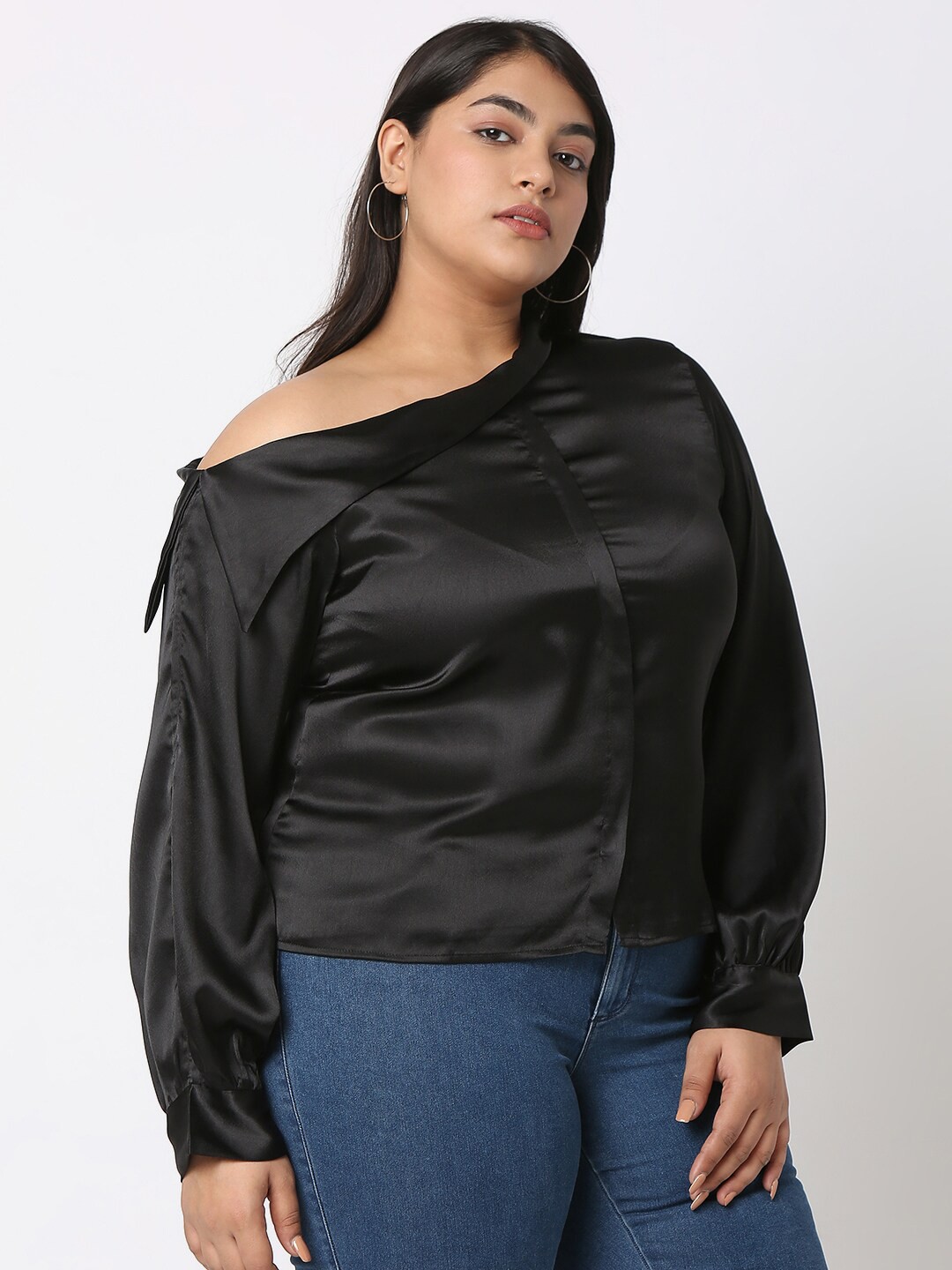 

Curves by MISH Off-Shoulder Cuffed Sleeves Bardot Top, Black