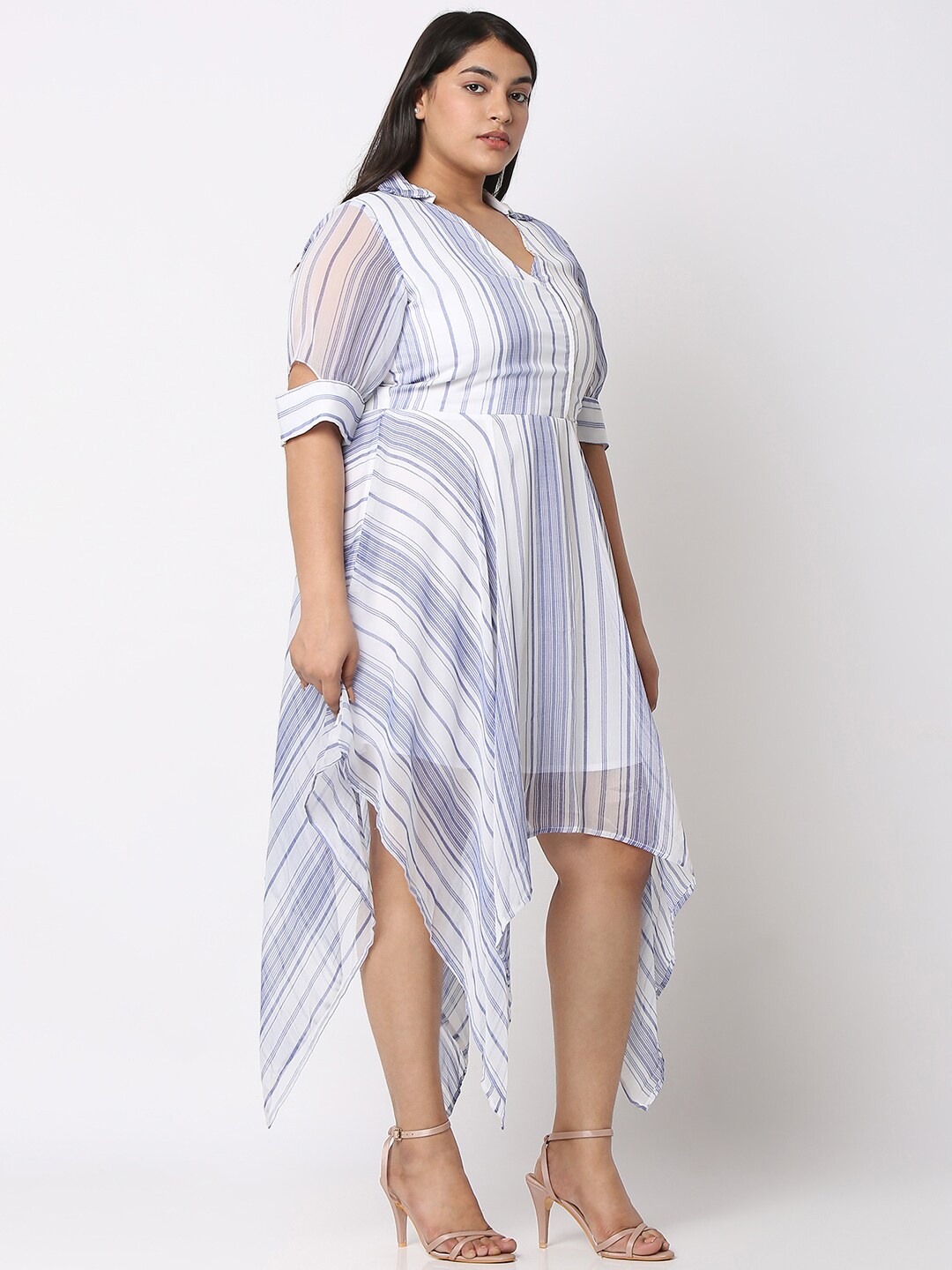 

Curves by MISH Plus Size Striped Asymmetric Midi Fit & Flare Dress, White