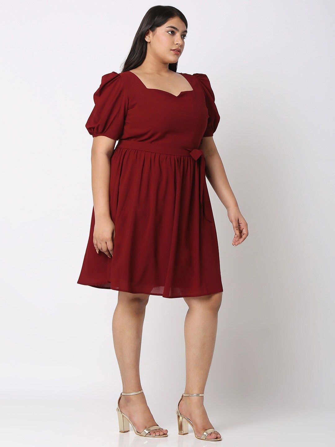 

Curves by MISH Sweetheart Neck Power Shoulders Fit & Flare Dress, Maroon