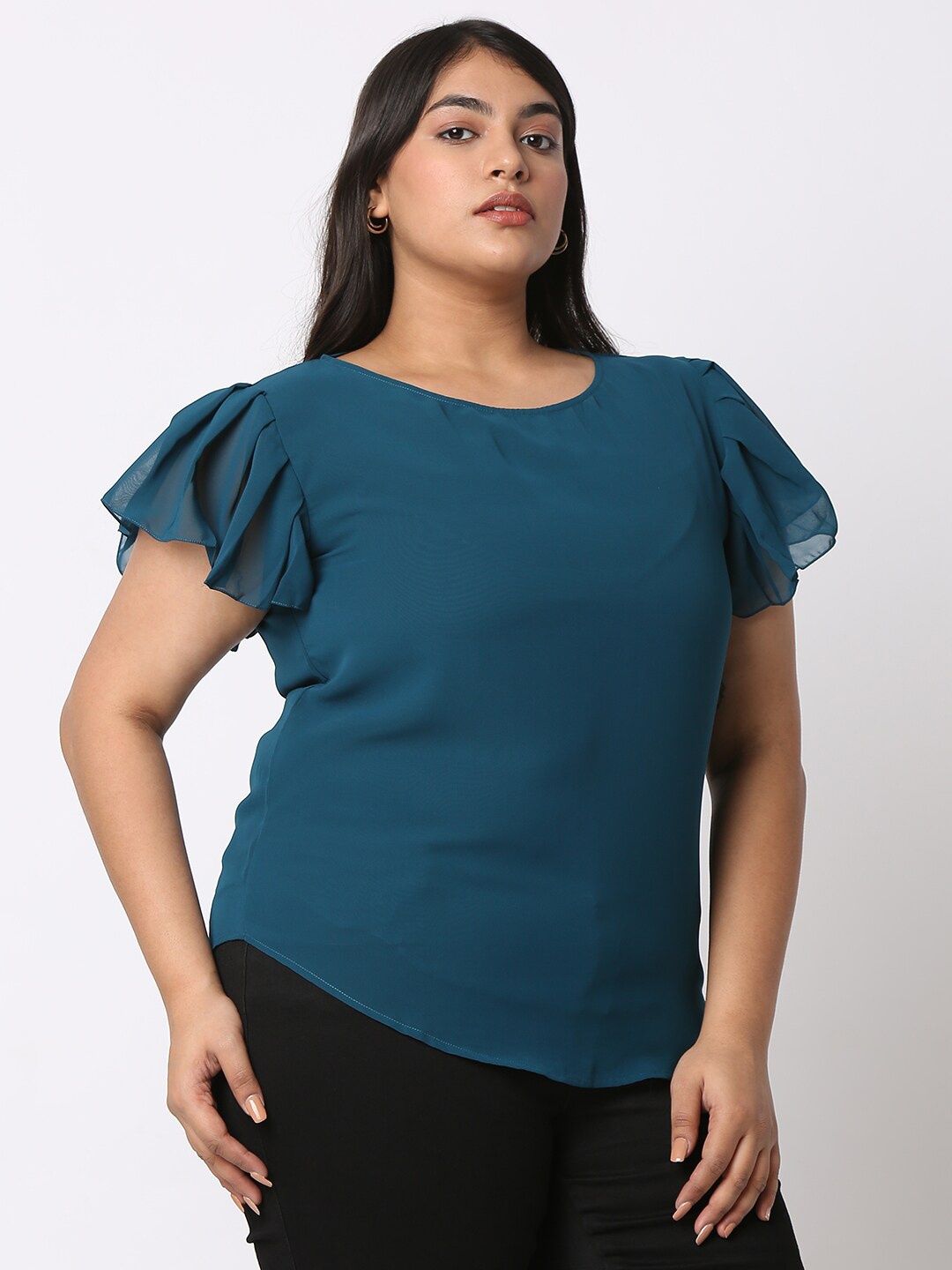 

Curves by MISH Plus Size Flutter Sleeves Regular Top, Teal