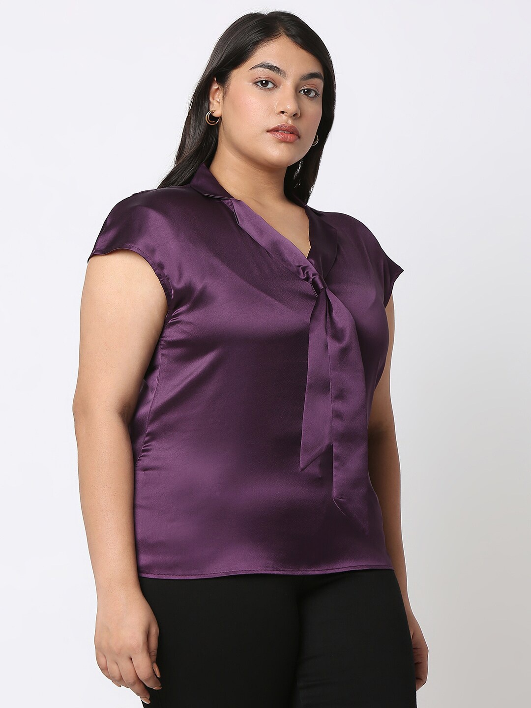 

Curves by MISH Plus Size Tie-Up Neck Satin Top, Purple