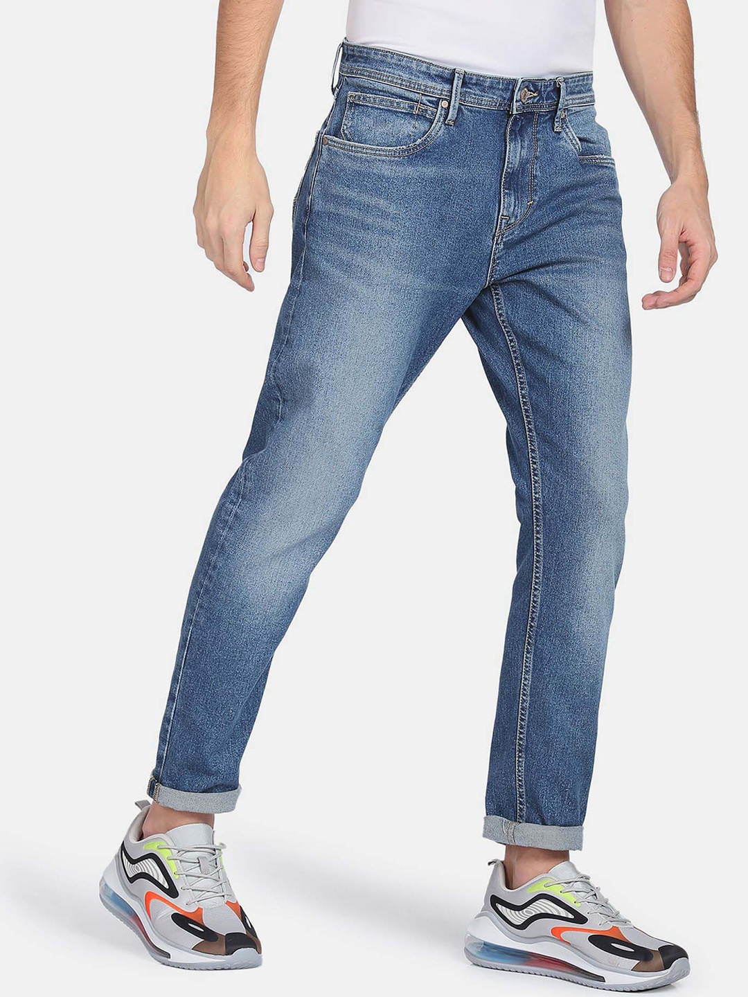 

Flying Machine Mid Rise Slash Slim Tapered 90s Vintage Jeans, Blue