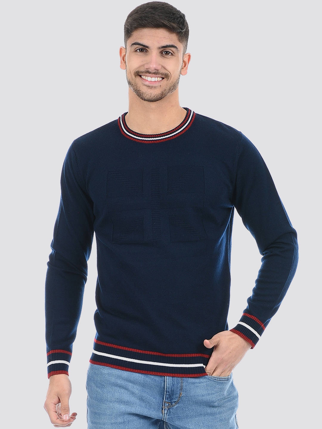 

PORTOBELLO Men Round Acrylic Pullover, Navy blue