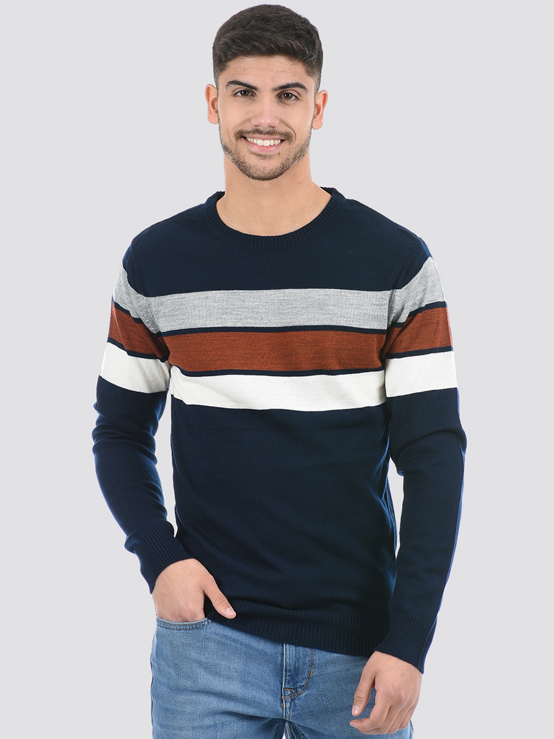 

PORTOBELLO Men Striped Acrylic Pullover, Navy blue