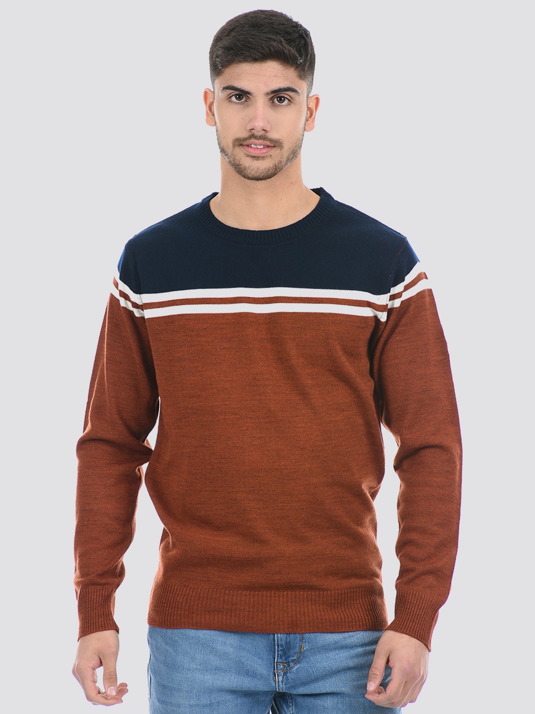 

PORTOBELLO Men Colourblocked Acrylic Pullover, Rust