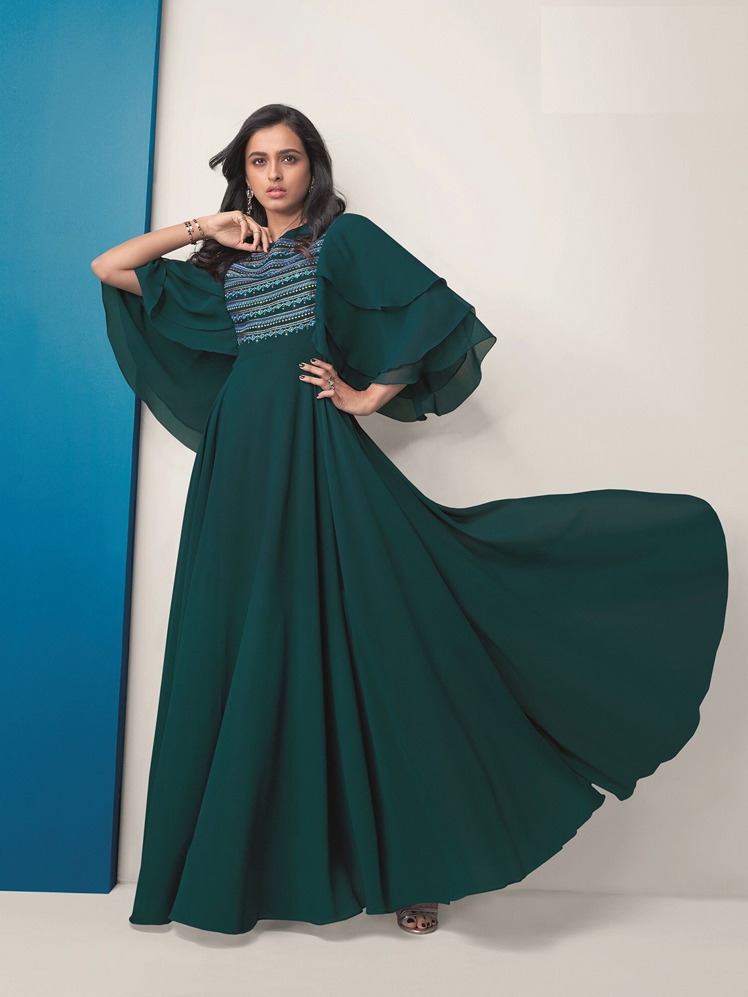 

APNISHA Floral Embroidered Maxi Gown, Green