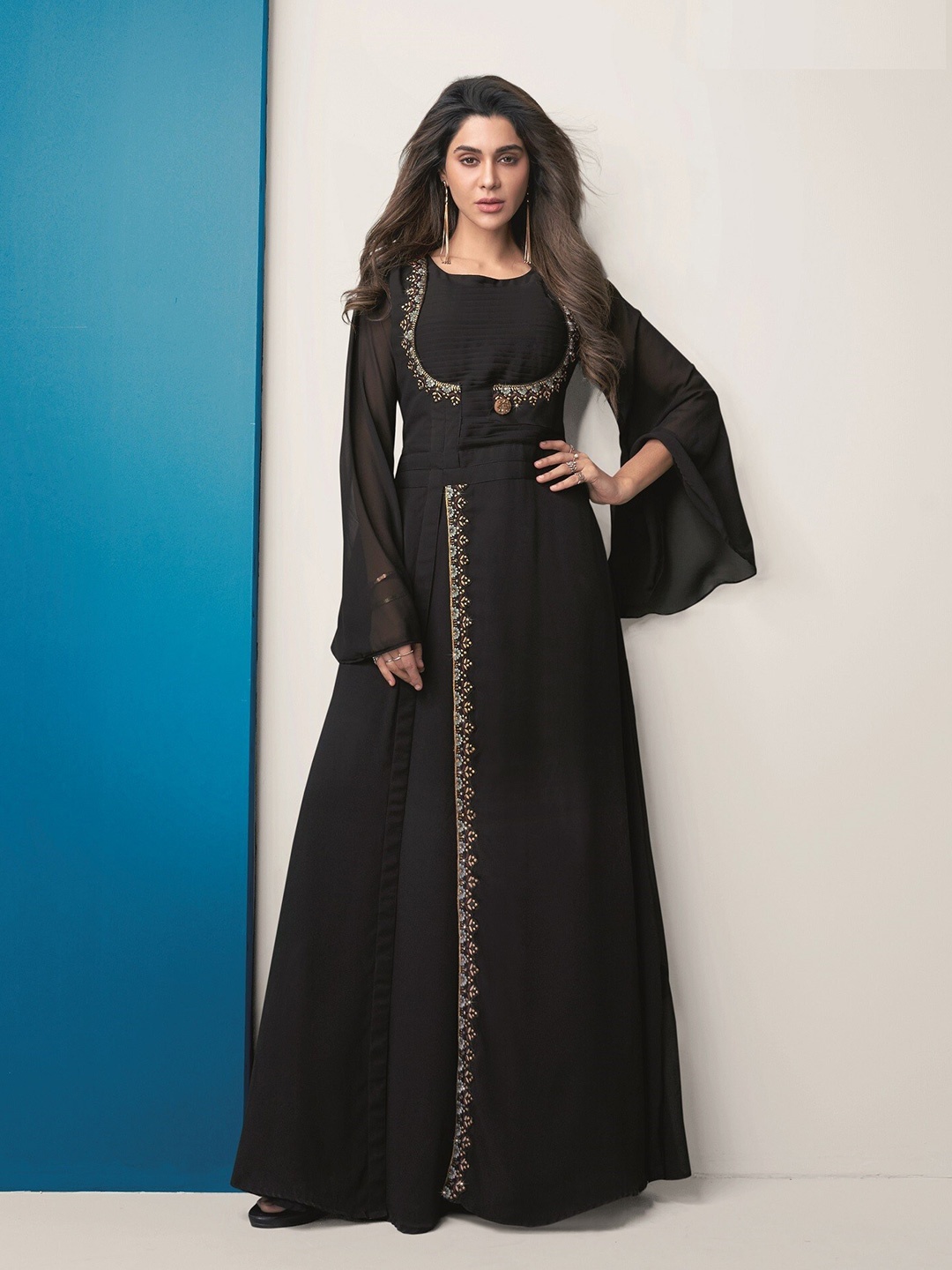 

APNISHA Embellished Sequined Gown, Black