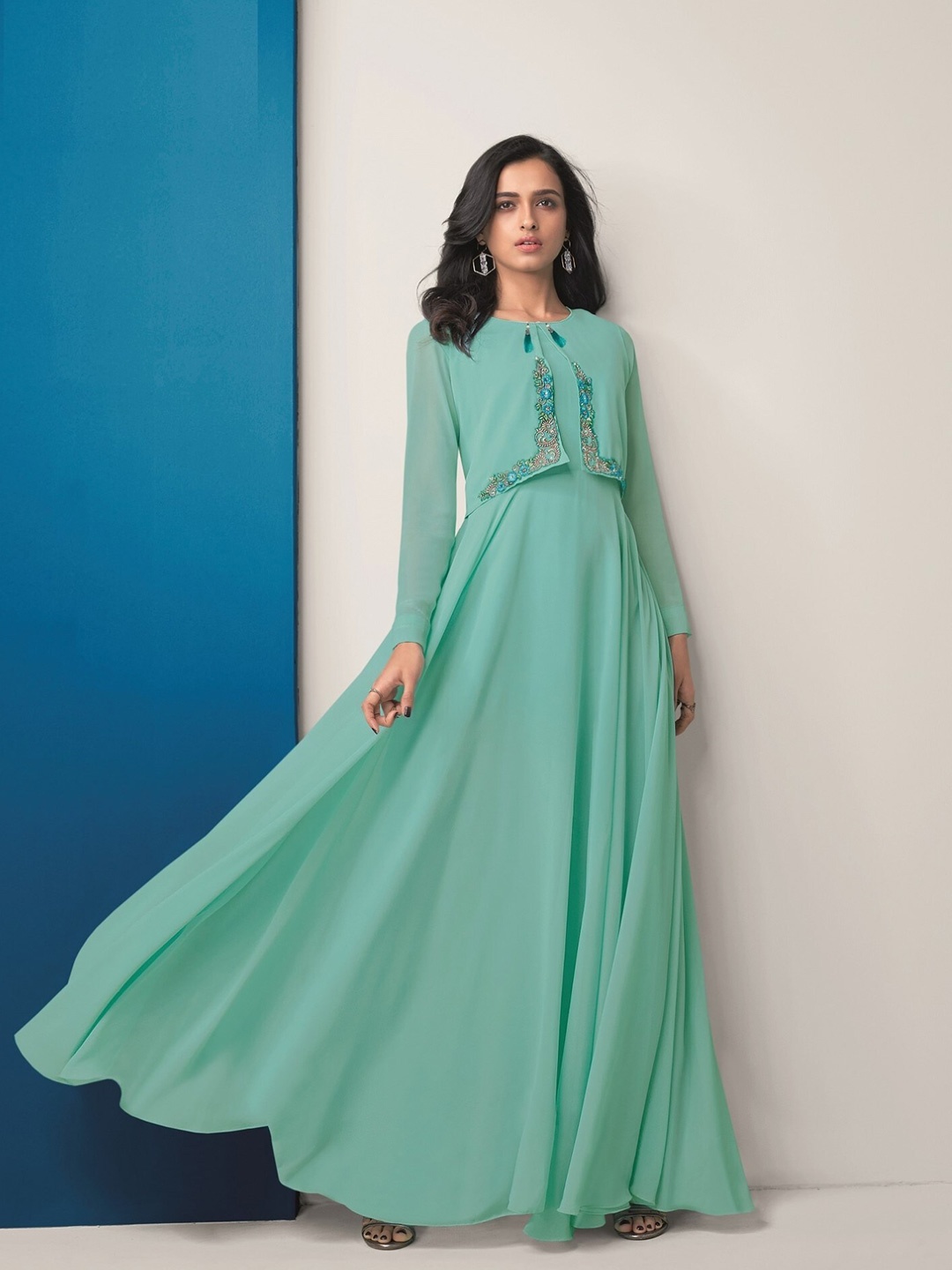 

APNISHA Floral Embroidered Gown, Sea green