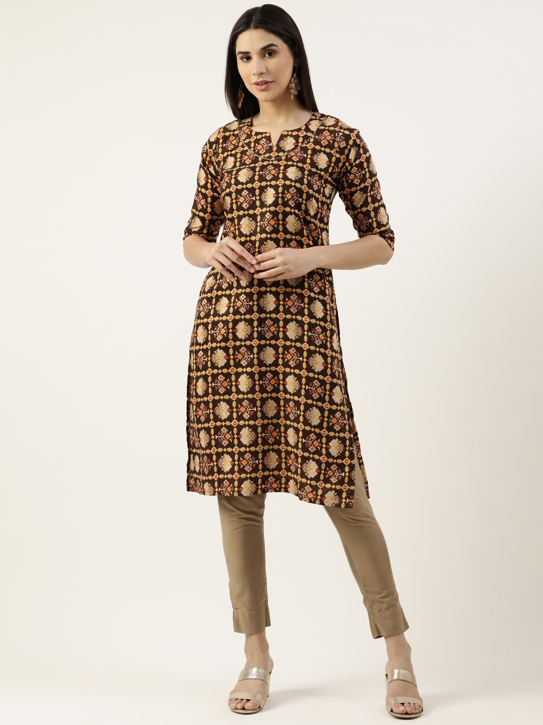 

RACHNA Ethnic Motifs Printed Gotta Patti Straight Kurta, Brown