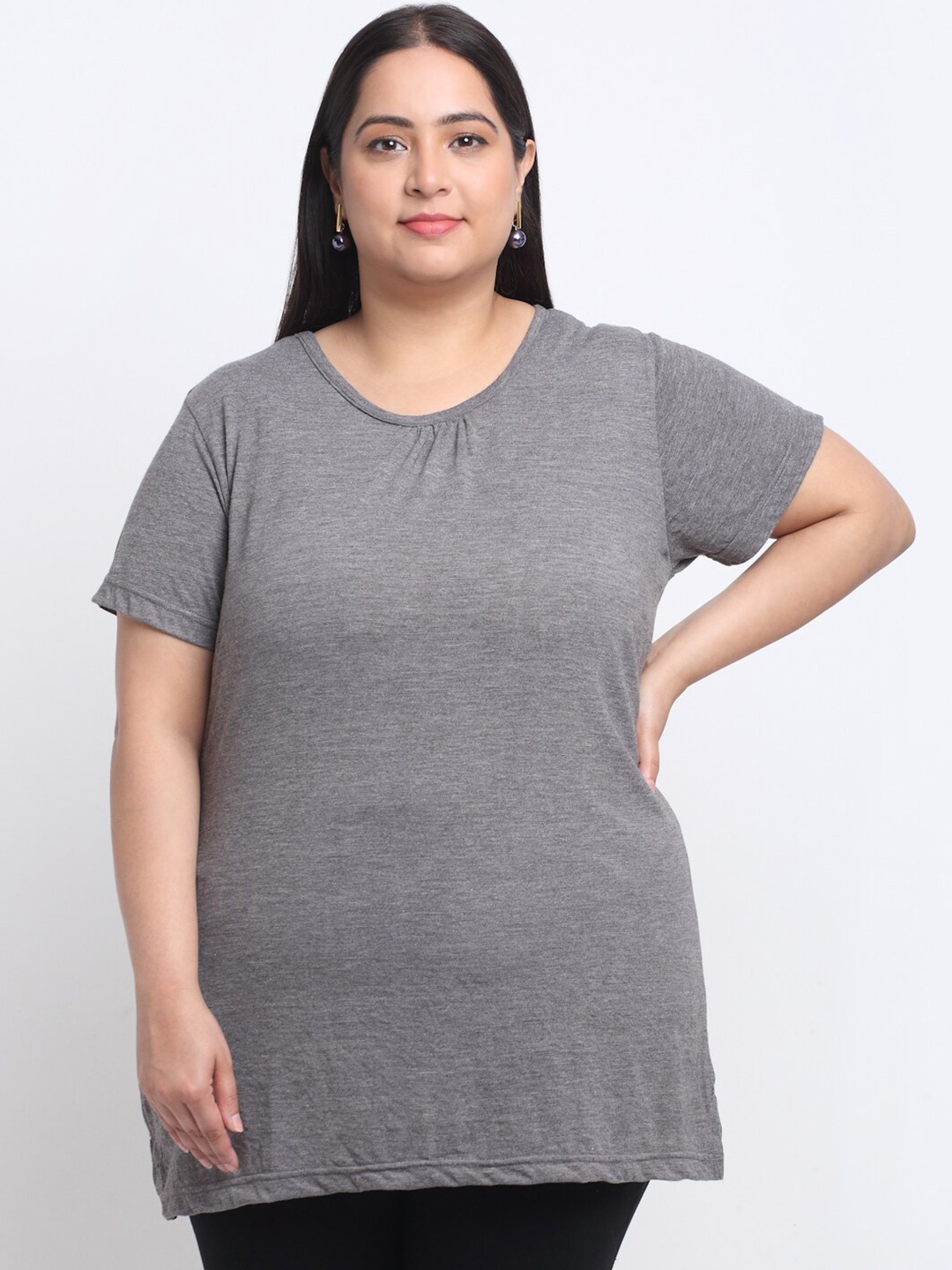 

plusS Women Plus Size Longline Cotton T-shirt, Grey