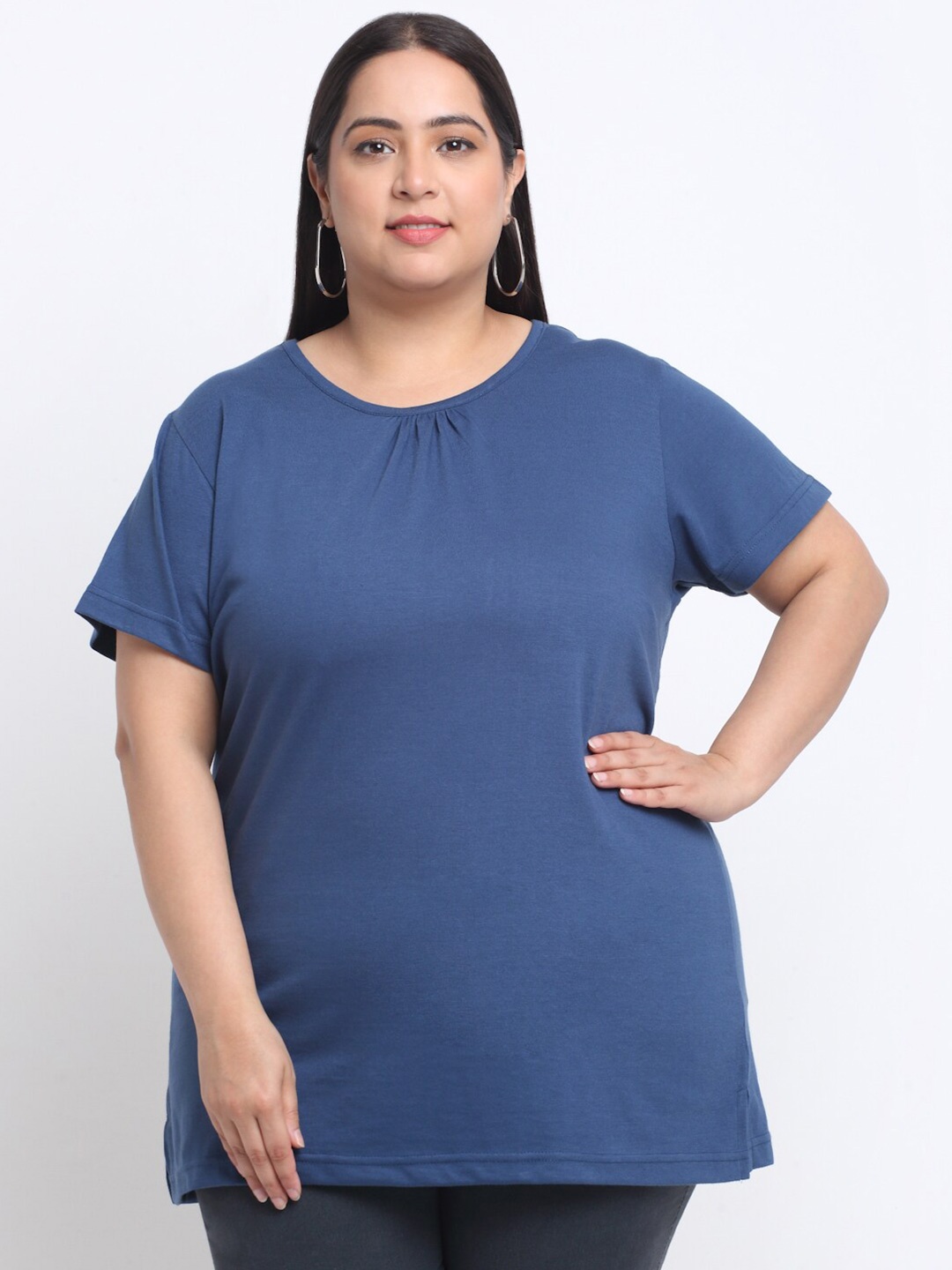 

plusS Women Plus Size Longline Cotton T-shirt, Blue