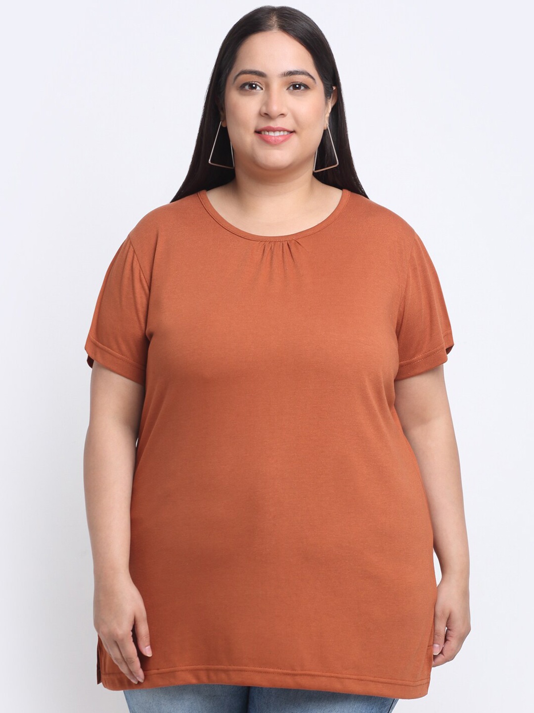 

plusS Women Plus Size Longline Cotton T-shirt, Orange