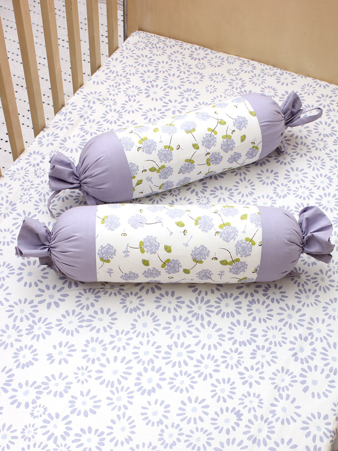 

House This White and Purple 2 Pcs Floral Printed Cotton Bolster Cover With Filler