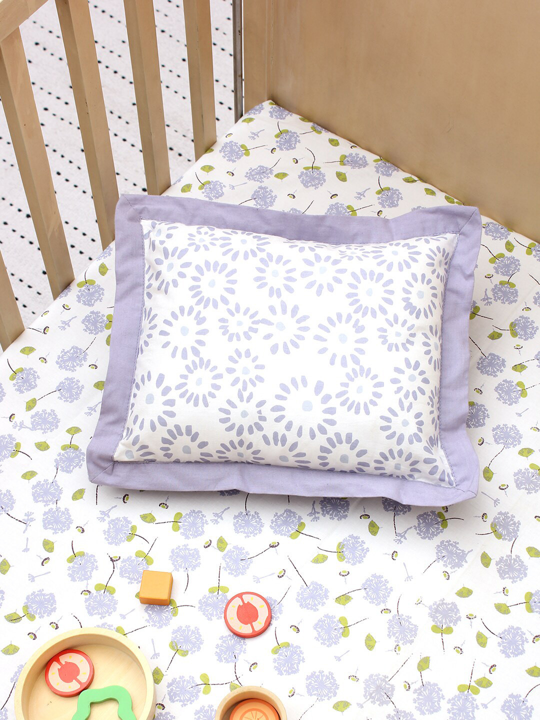 

House This The Pretty Puffballs Kids White & Purple Print Cotton Pillow Cover With Filler