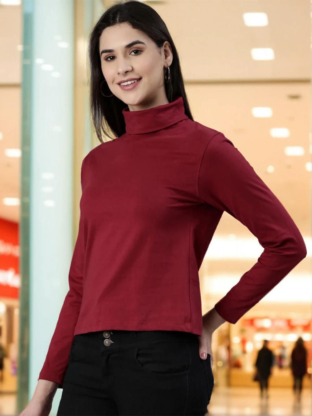 

Kryptic Women High Neck Pure Cotton T-shirt, Maroon