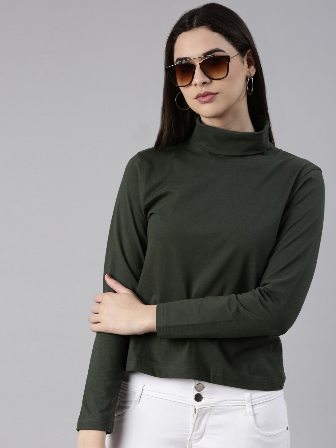 

Kryptic Women High Neck Long Sleeve Pure Cotton T-shirt, Olive