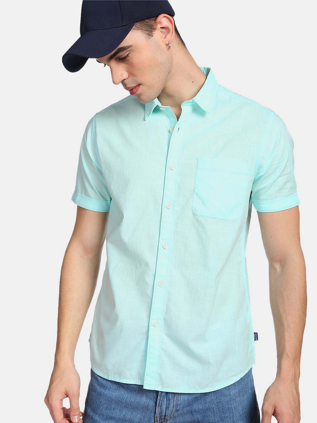 

Flying Machine Men Slim Fit Pure Cotton Casual Shirt, Turquoise blue