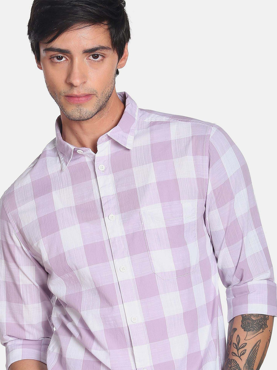 

Flying Machine Slub Buffalo Check Spread Collar Casual Shirt, Lavender