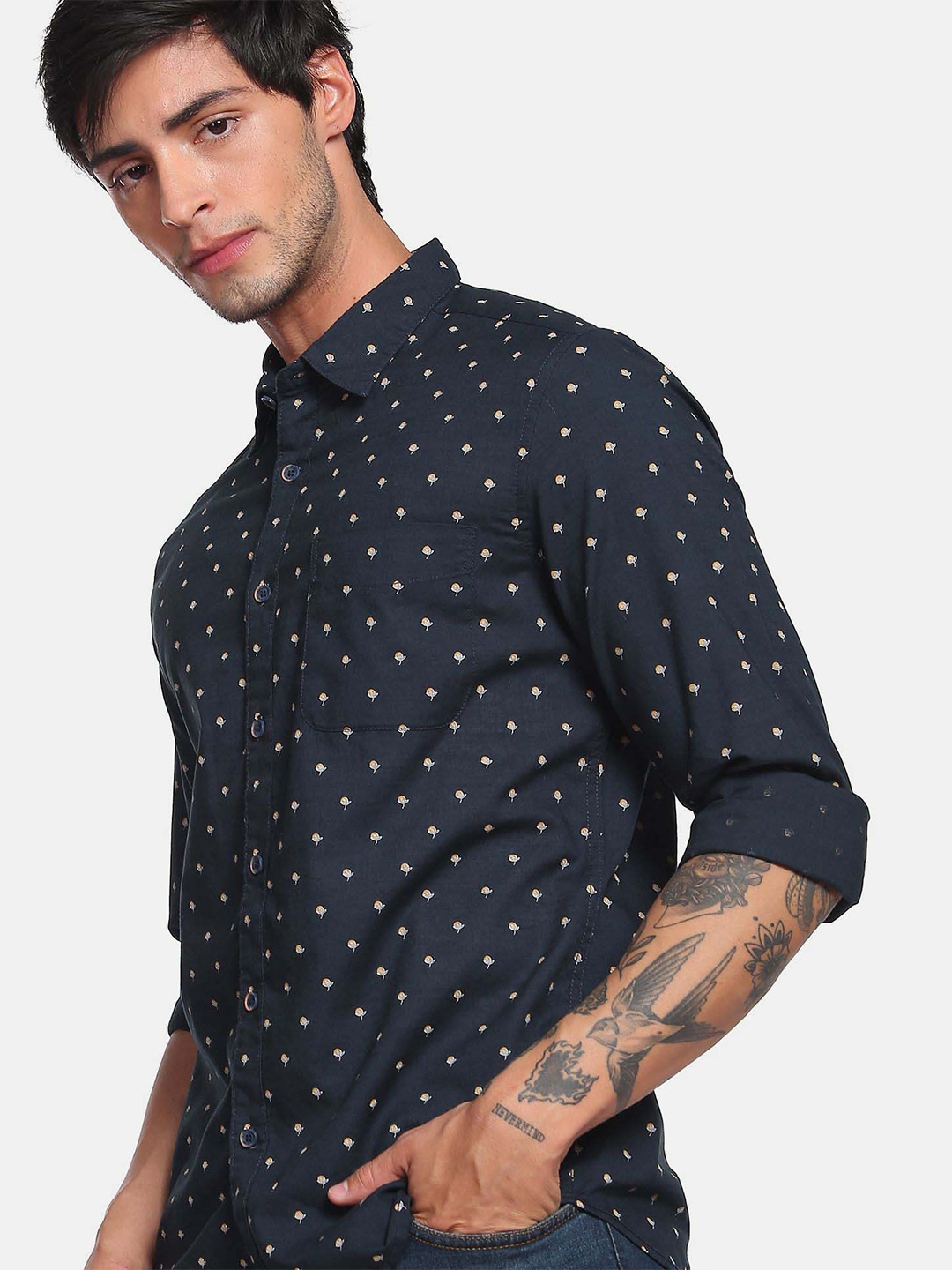 

Flying Machine Slub Fruit Print Spread Collar Casual Shirt, Navy blue