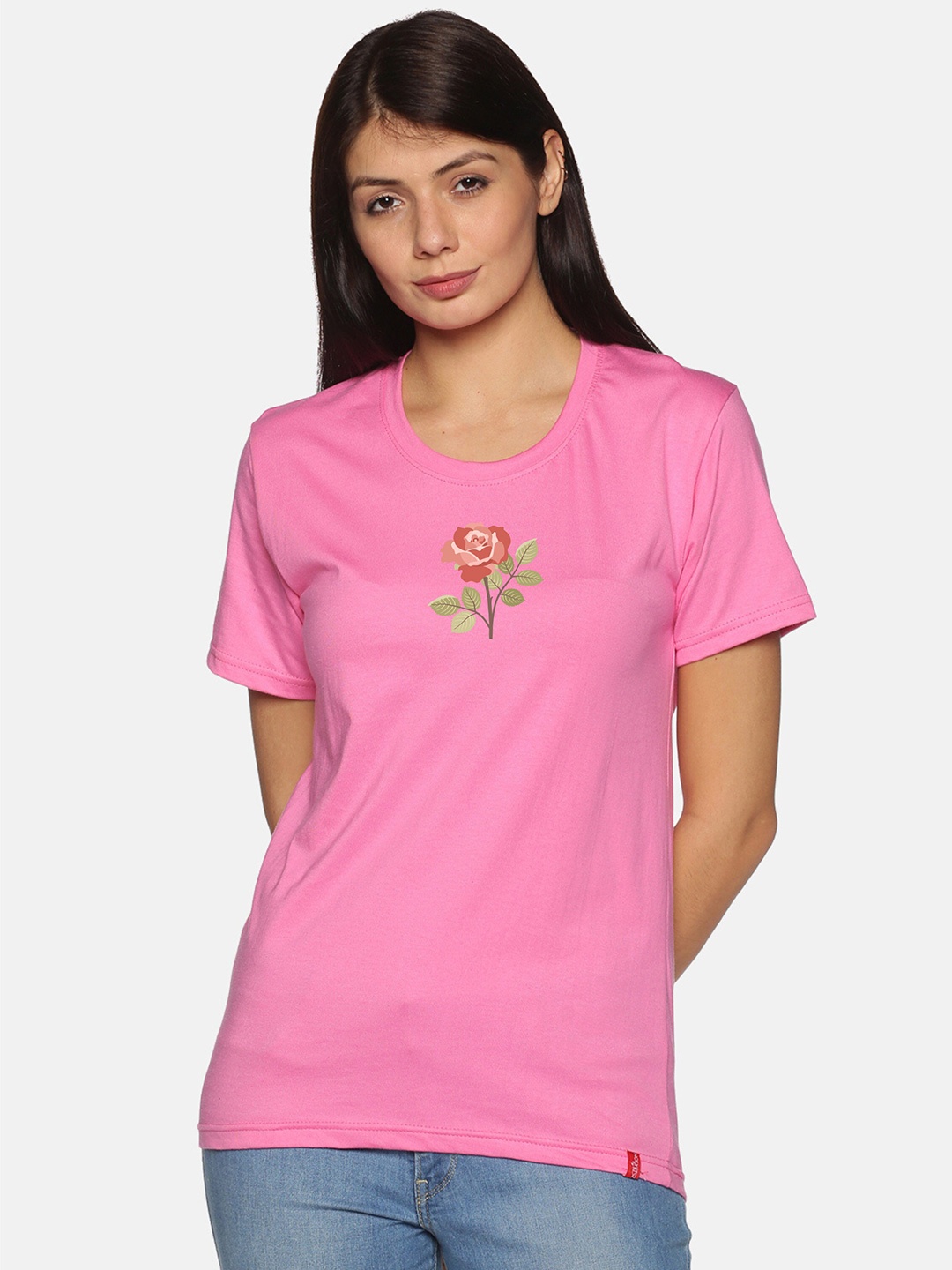 

NOT YET by us Women Floral Printed Cotton T-shirt, Pink