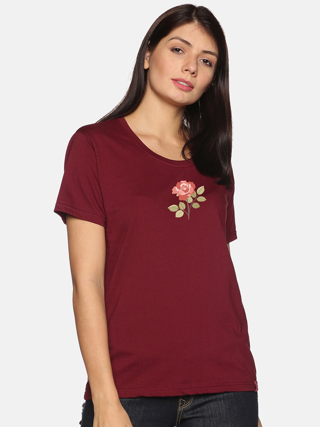 

NOT YET by us Women Floral Printed Cotton T-shirt, Maroon