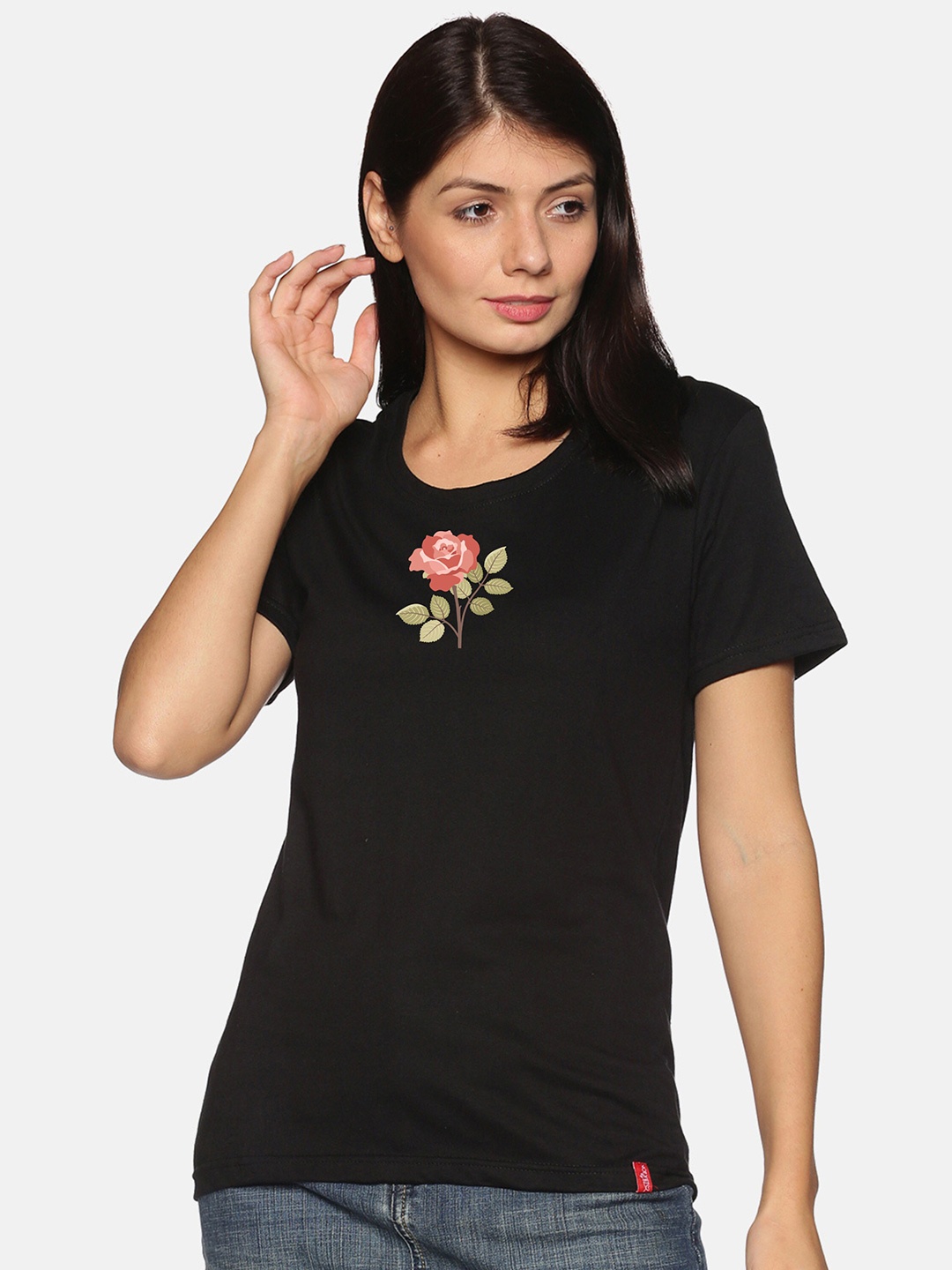 

NOT YET by us Women Floral Printed Cotton T-shirt, Black