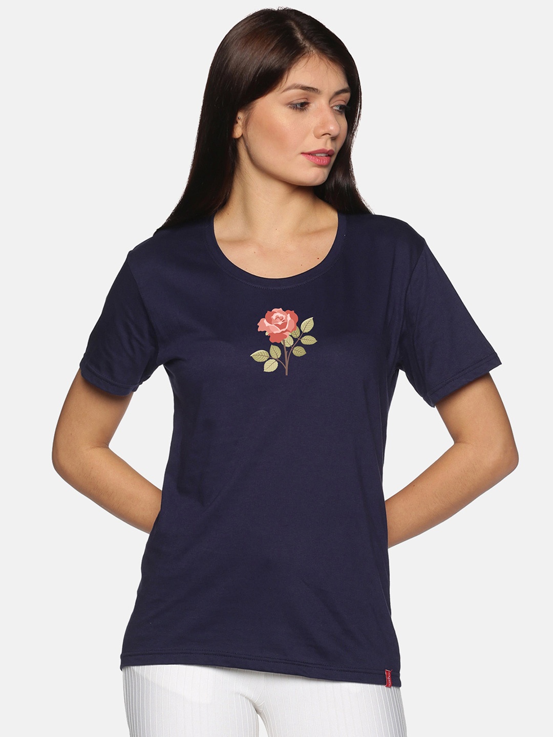 

NOT YET by us Women Floral Printed Cotton T-shirt, Navy blue
