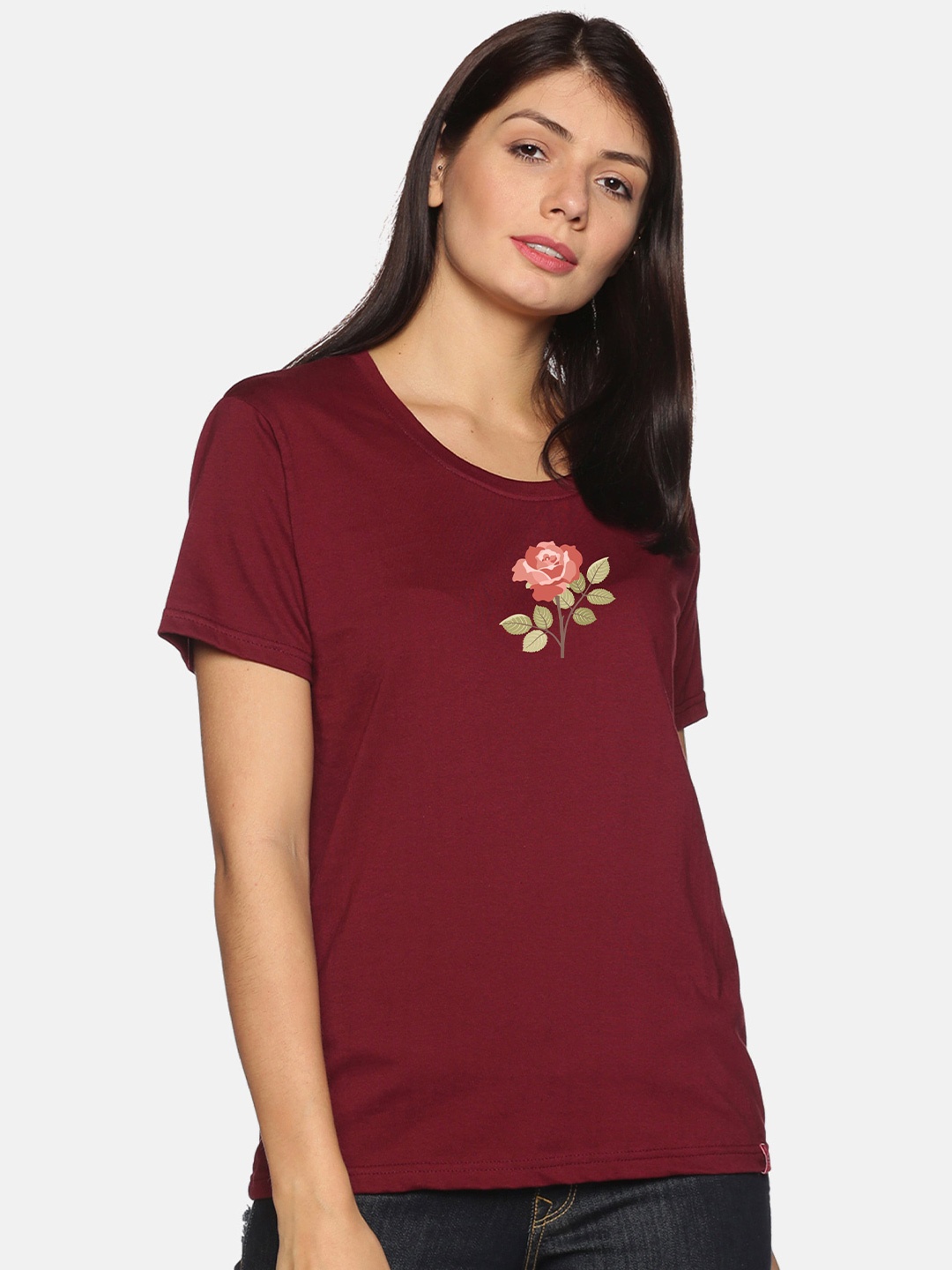 

NOT YET by us Women Floral Printed Round Neck Cotton T-shirt, Maroon