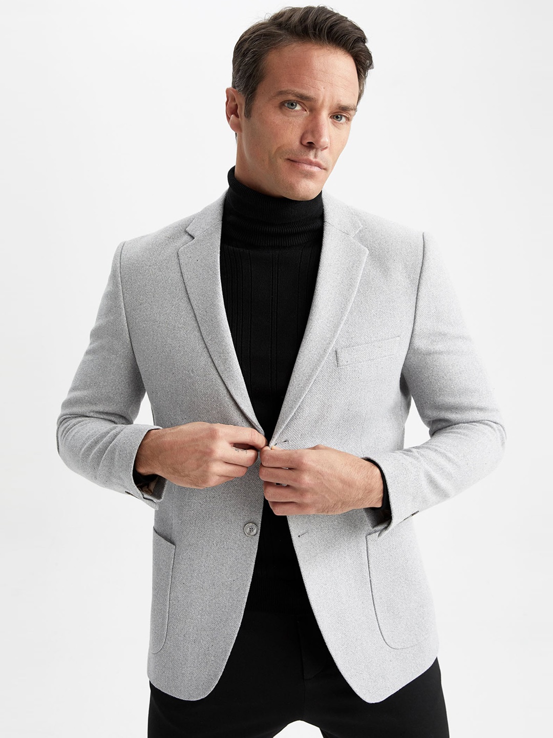 

DeFacto Men Self-Design Notched Lapel Single-Breasted Blazer, Grey