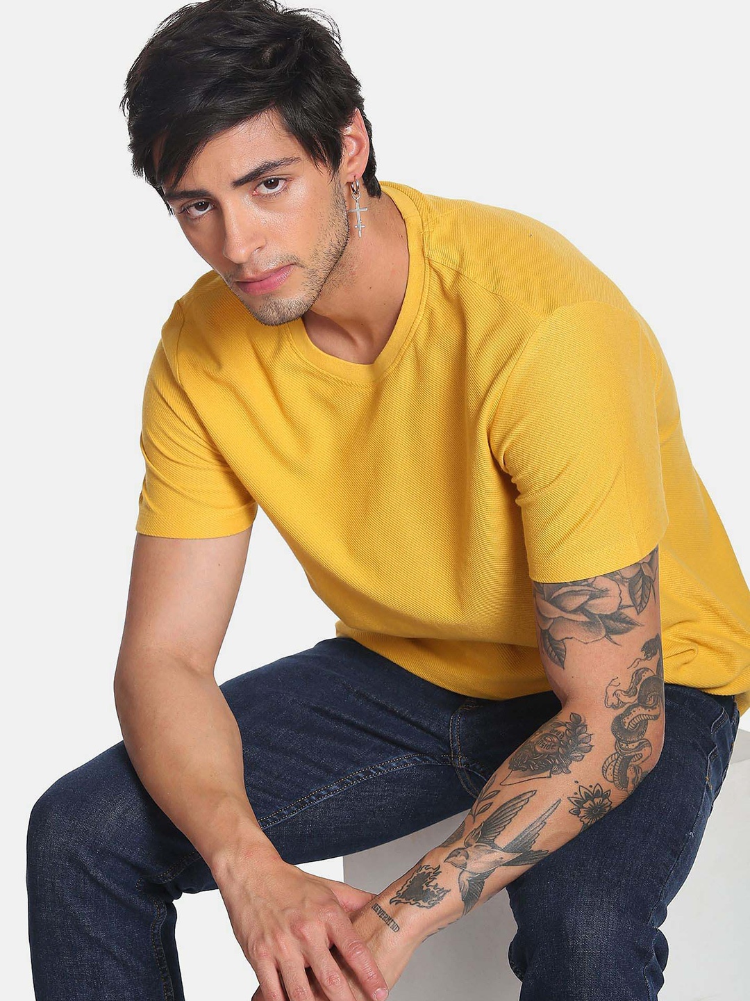 

Flying Machine Graphic Patterned Knit Cotton T-Shirt, Yellow