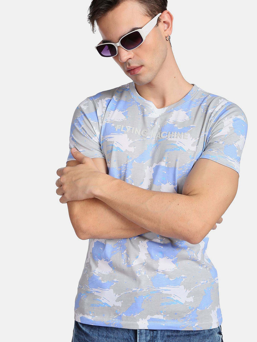 

Flying Machine Abstract Print Cotton T-Shirt, Grey